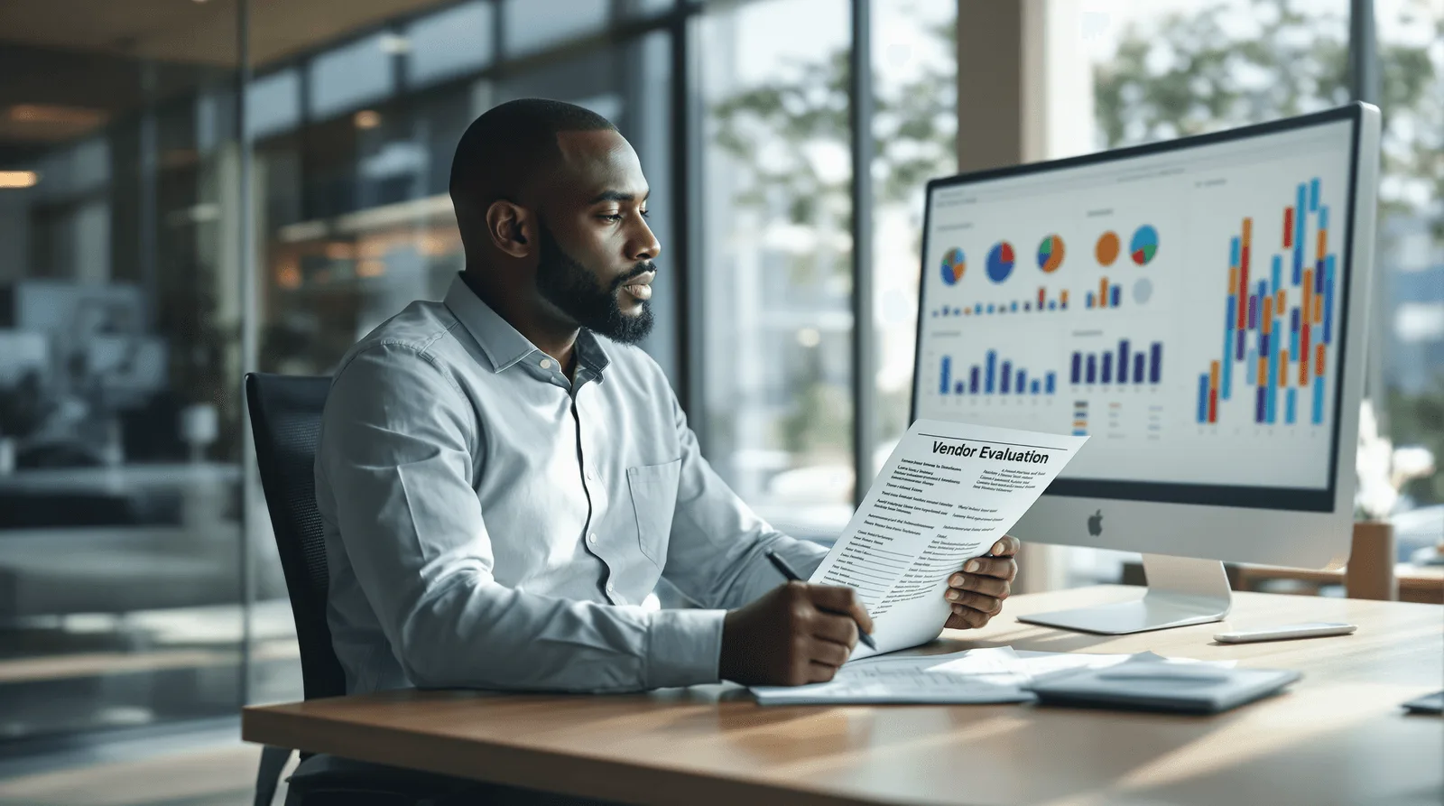 CTO reviewing outsourcing partner evaluation document in private office