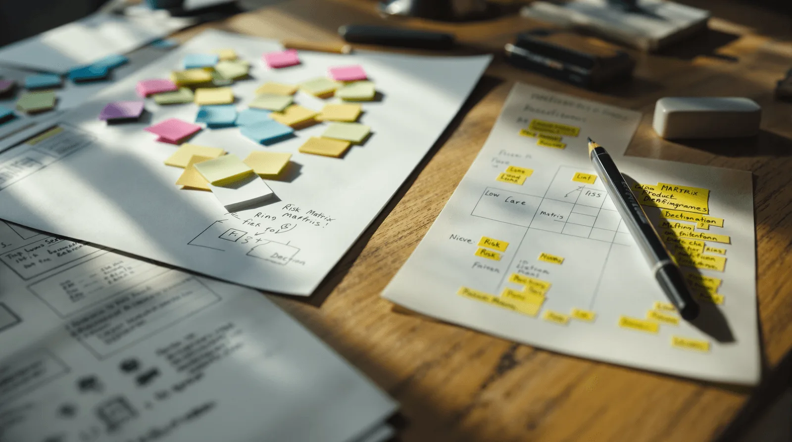Product discovery artefacts including sticky notes and wireframe sketches on oak table