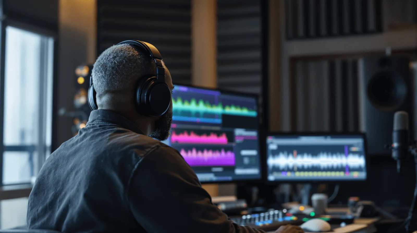 Audio engineer analysing waveform frequencies at studio workstation