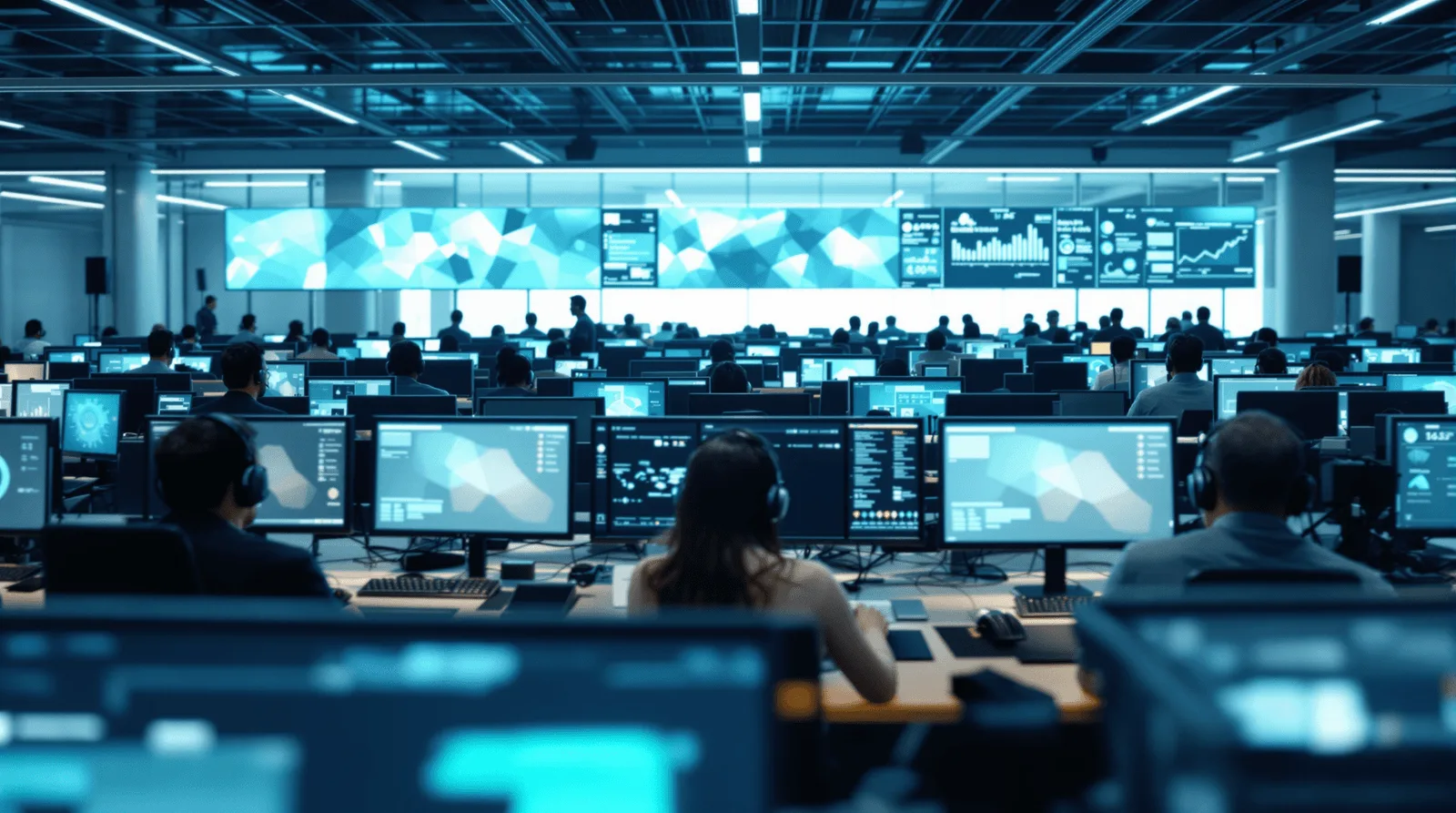 Large-scale customer service operations floor with AI-assisted workstations