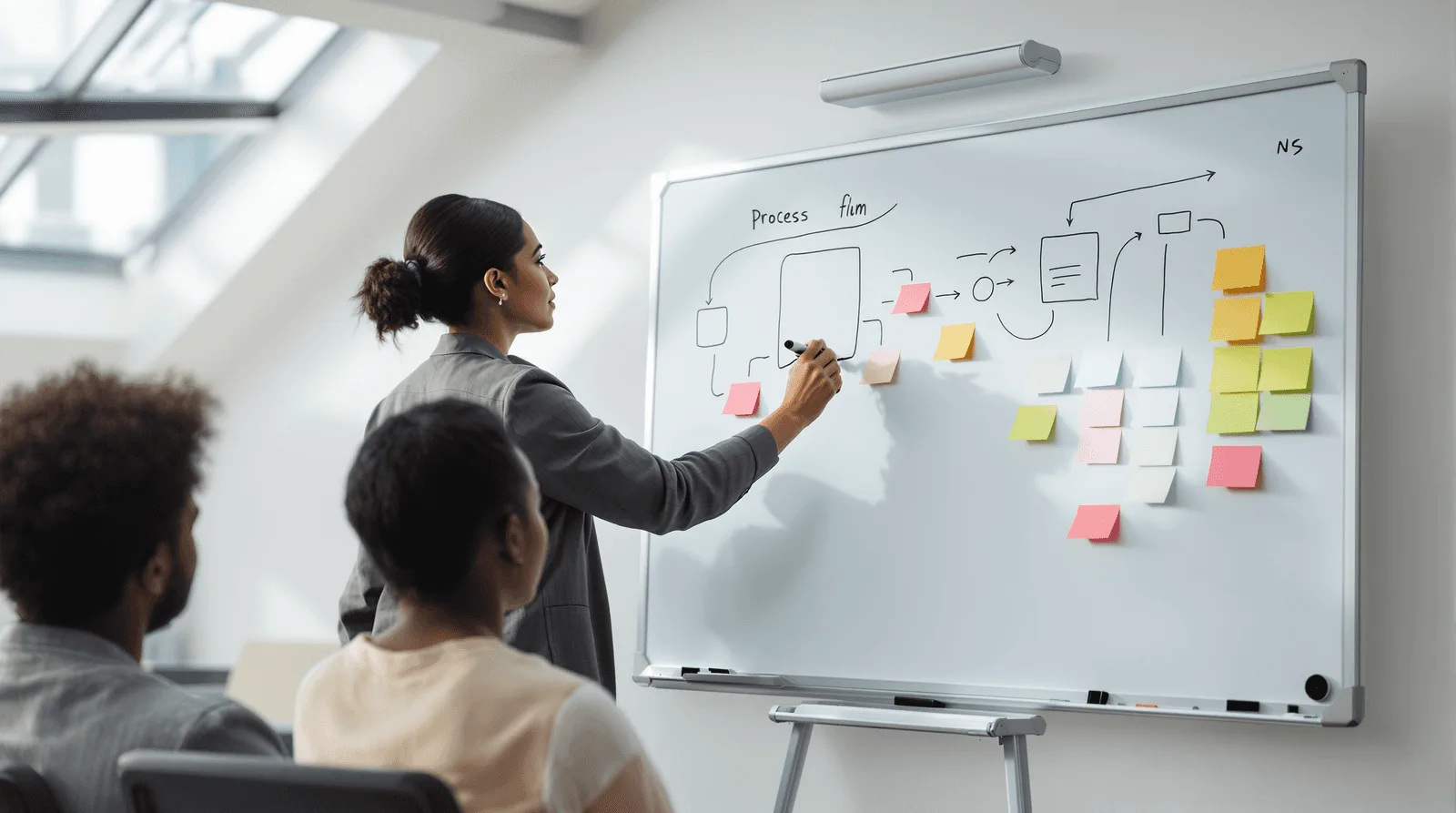 Digital transformation director mapping enterprise process flow on whiteboard