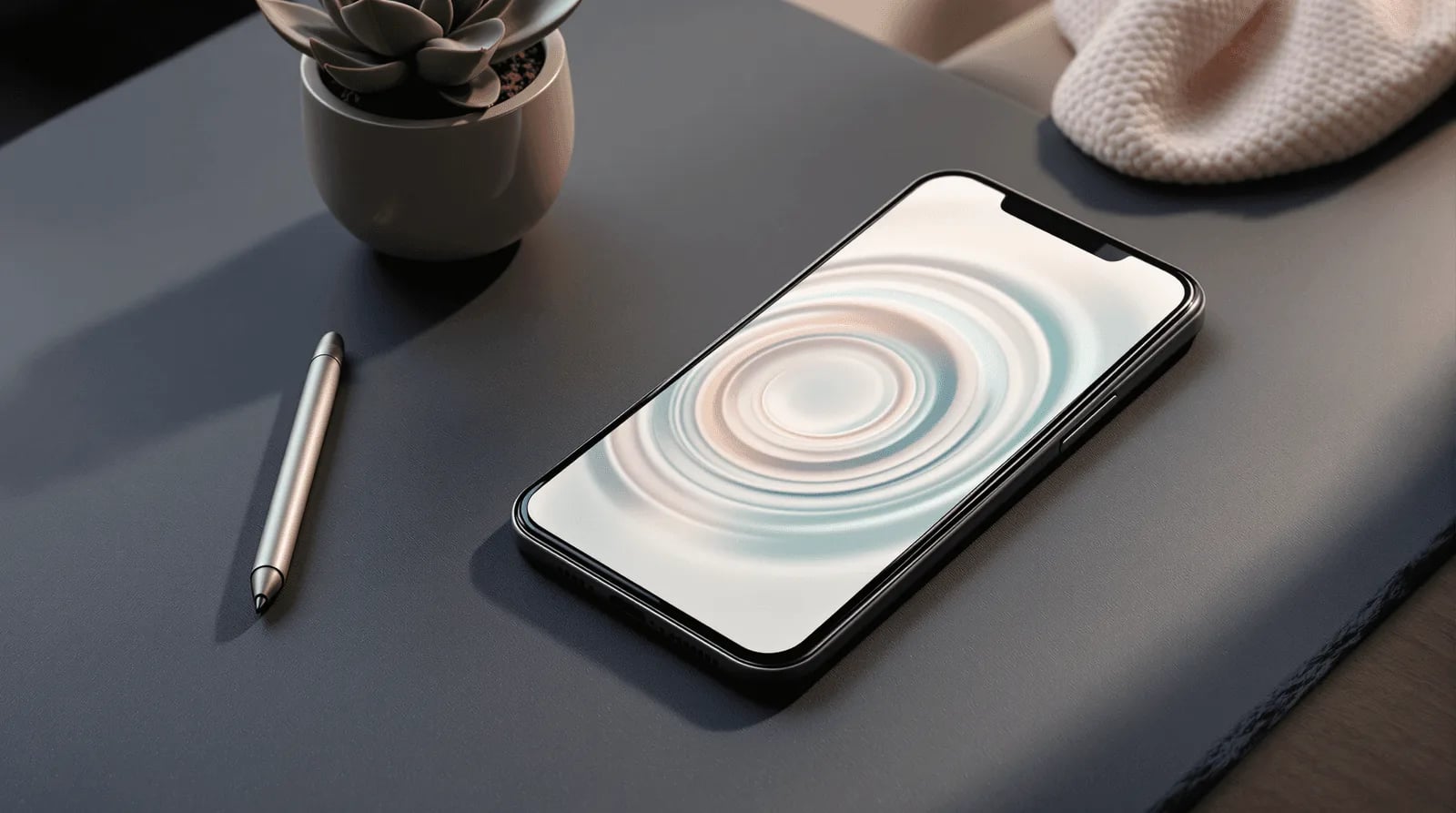 Phone showing a soft ripple graphic on a grey desk beside a stylus and a succulent