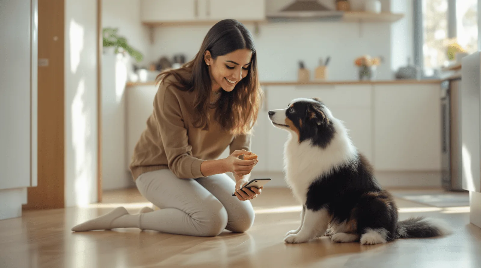 Woman rewarding dog at precise training cue moment in apartment