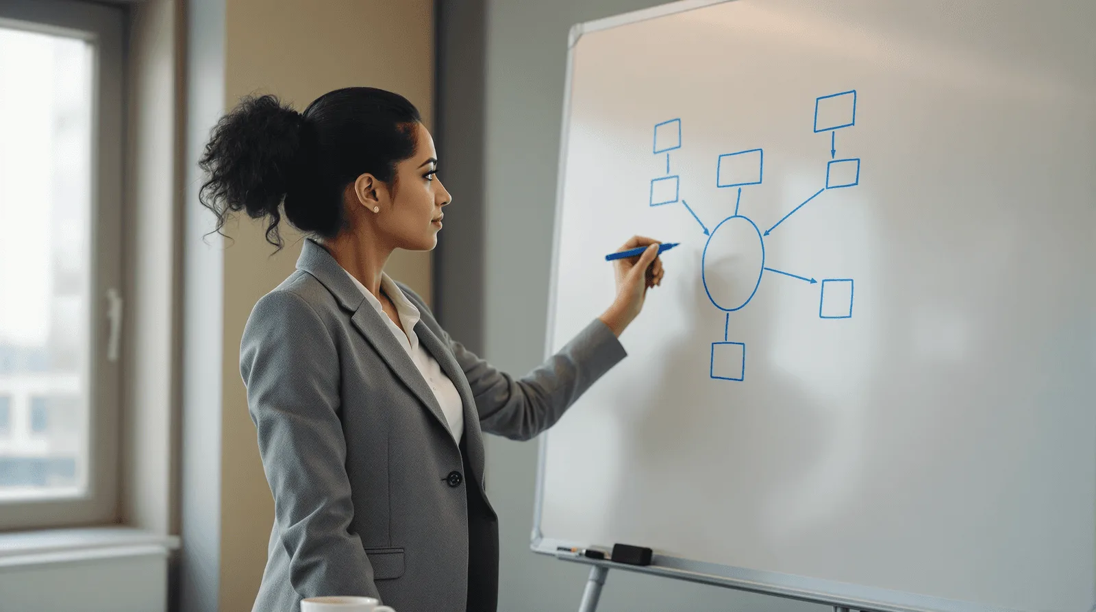 Product manager drawing integration node diagram on office whiteboard
