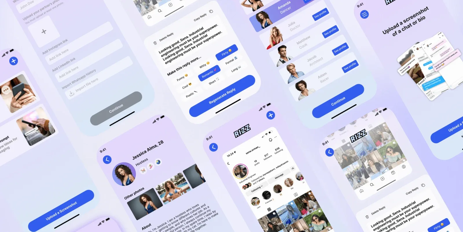 Rizz Plug multiple mobile screens overview showcasing the complete dating social app experience built by Neon Apps development team