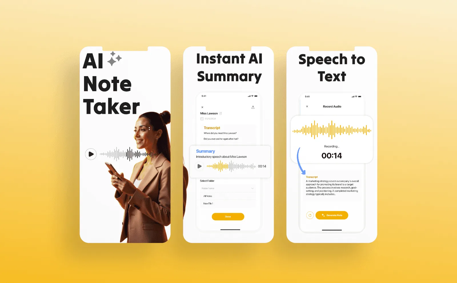 Three App Store screenshots for an AI note taker app on a yellow background