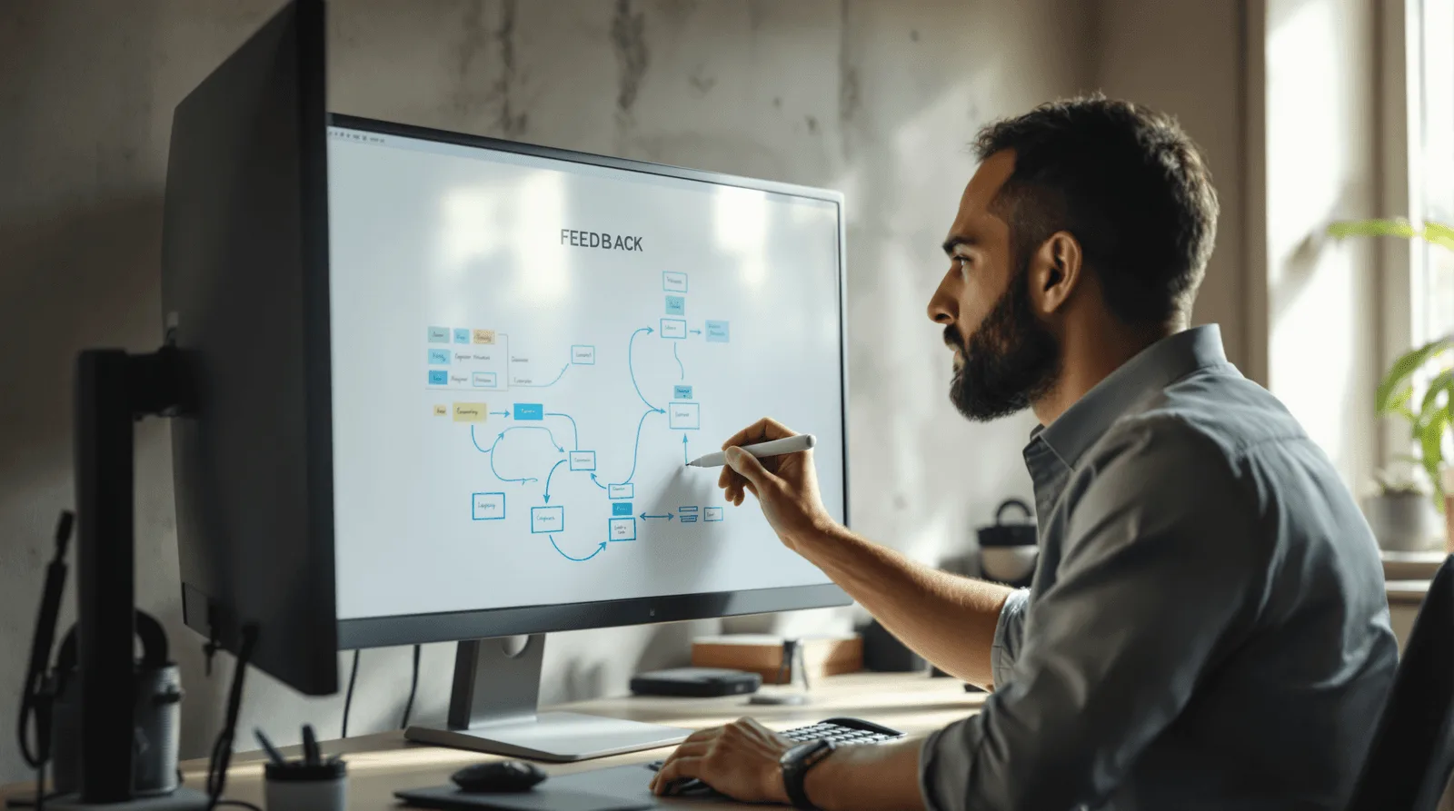 Architect tracing agent reasoning loop on portable whiteboard