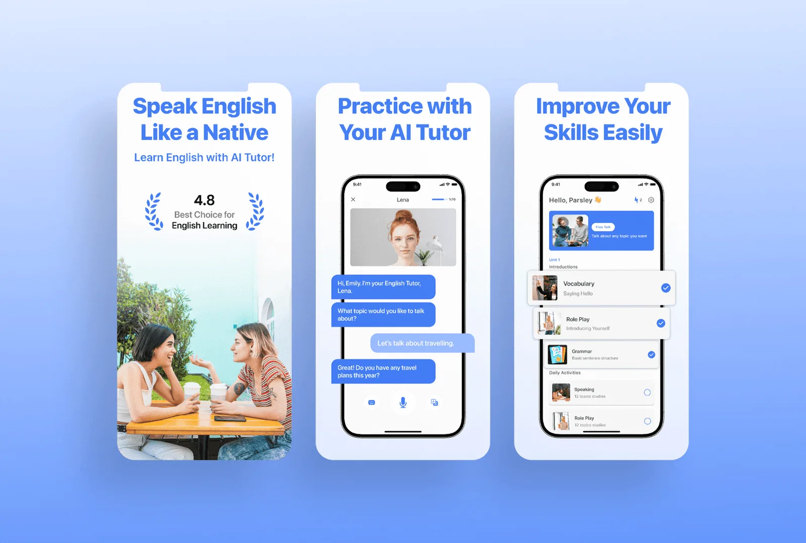 Three App Store screenshots for an English learning app with an AI tutor