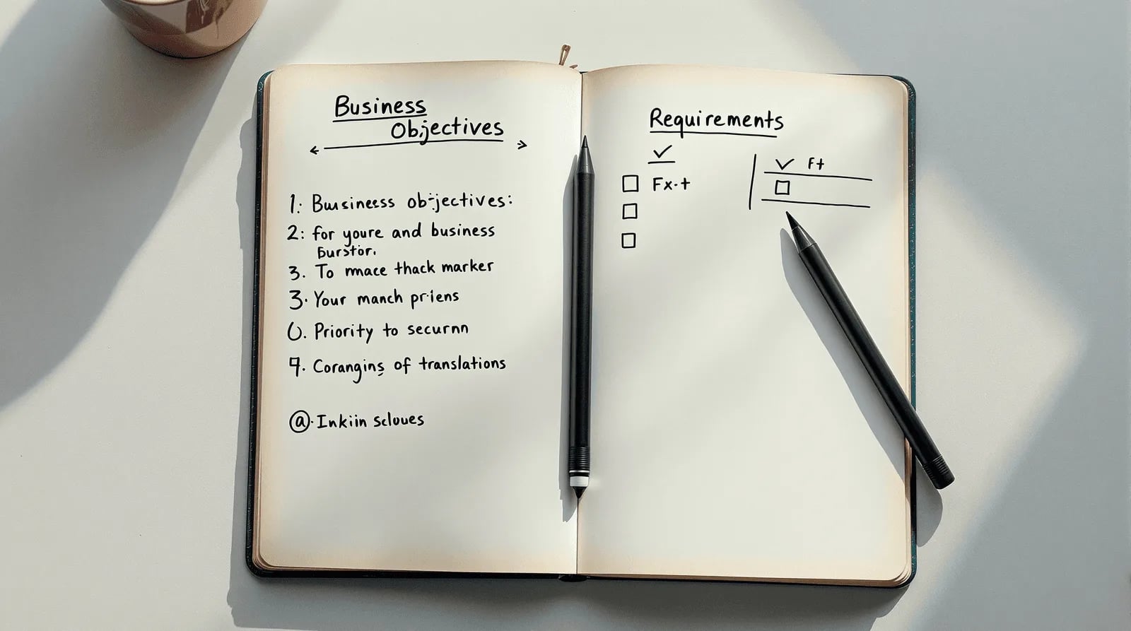Notebook open showing business objectives translated into structured technical requirements