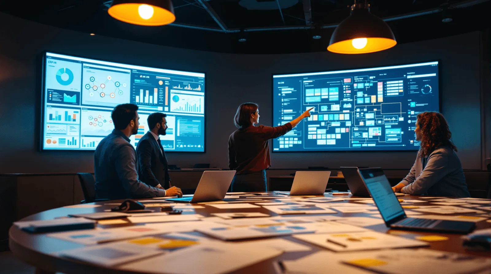 Enterprise team analysing digital transformation system integration dashboards together