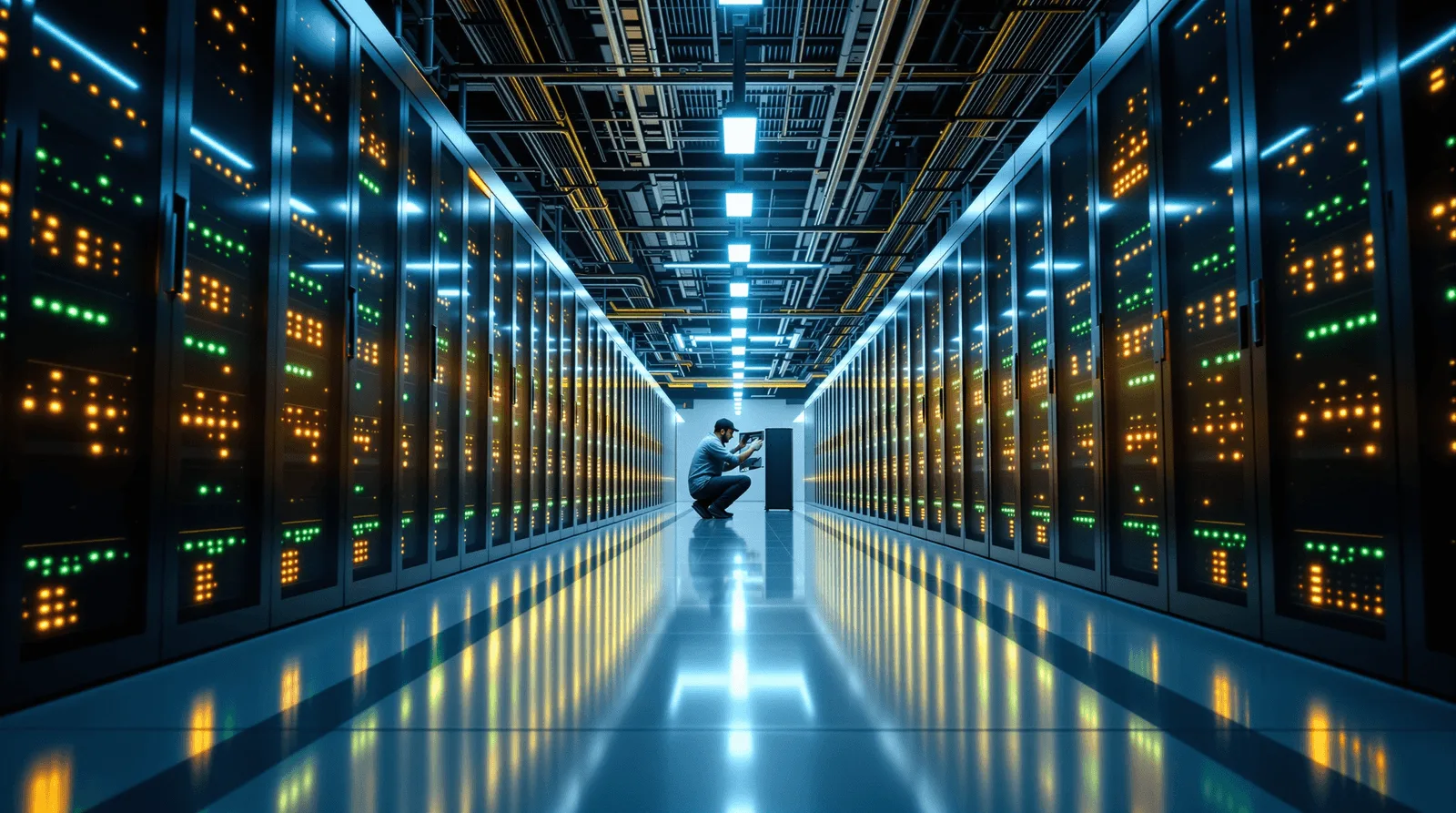Technician maintaining enterprise server racks in a modern data center, representing cloud computing, DevOps, backend infrastructure, network security, and high-performance hosting.