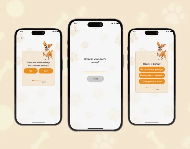 Three phones showing a pet app onboarding asking the dog's name and age