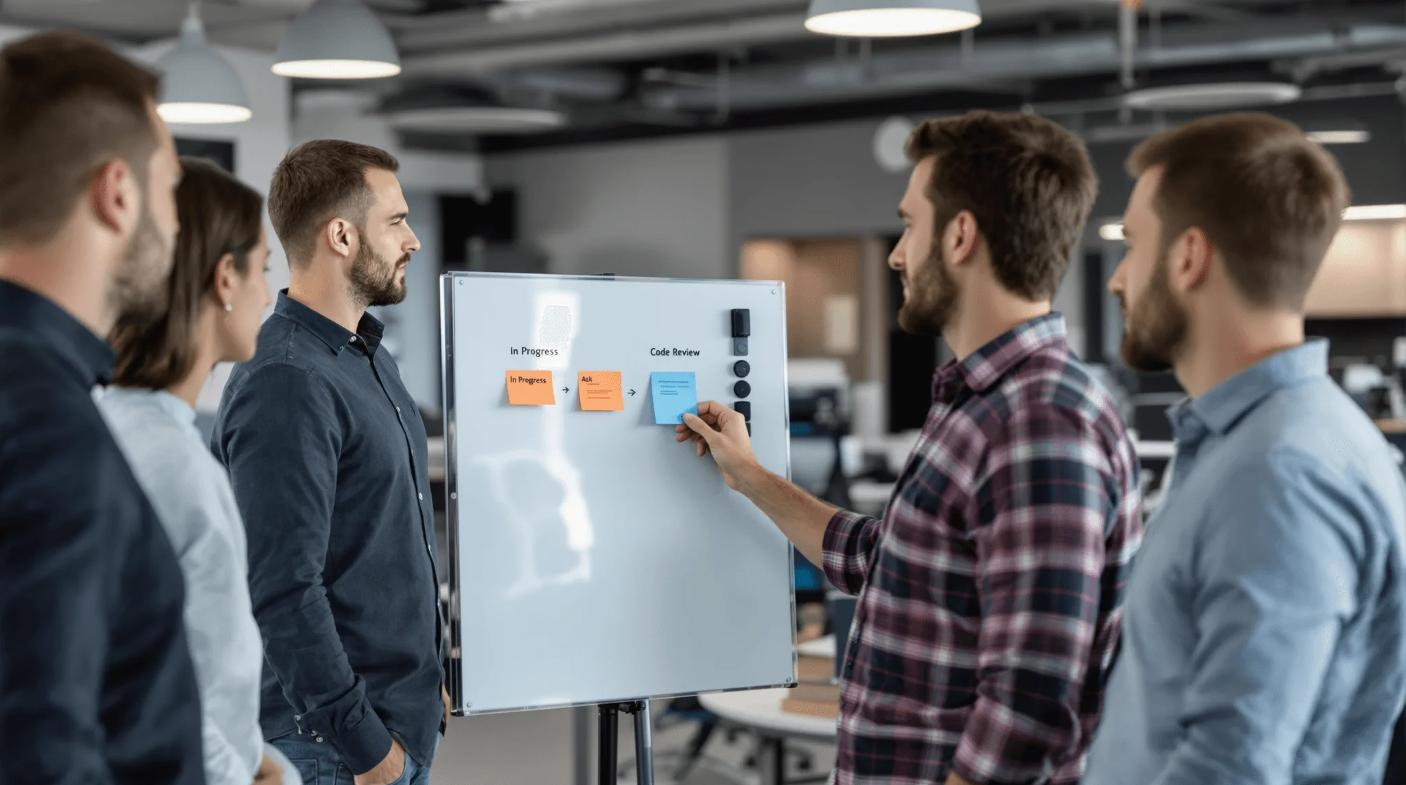 Team moving a task sticky note from in progress to code review at a standup board