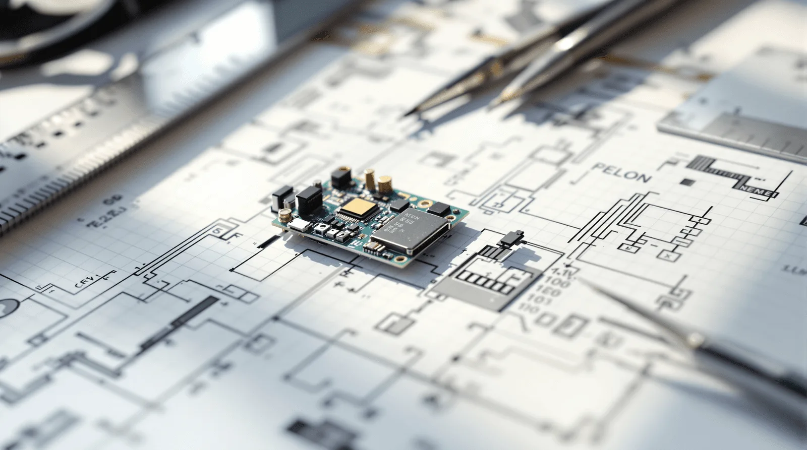IoT sensor circuit board and handwritten data flow diagram on engineering workbench