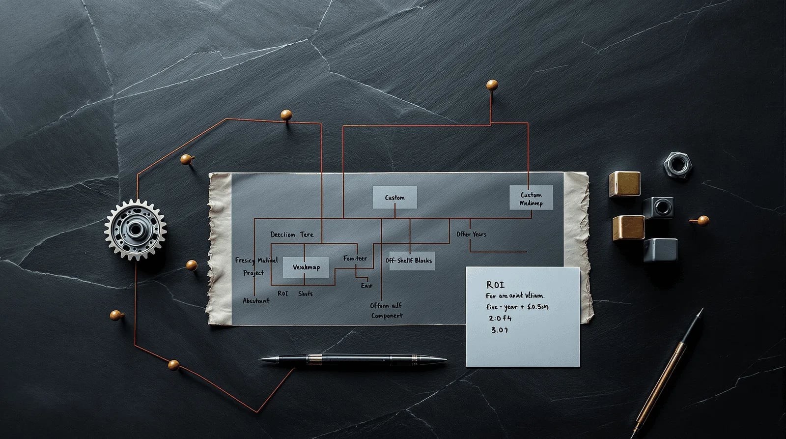 Flat lay of a custom versus off the shelf decision tree pinned with red thread beside an ROI note