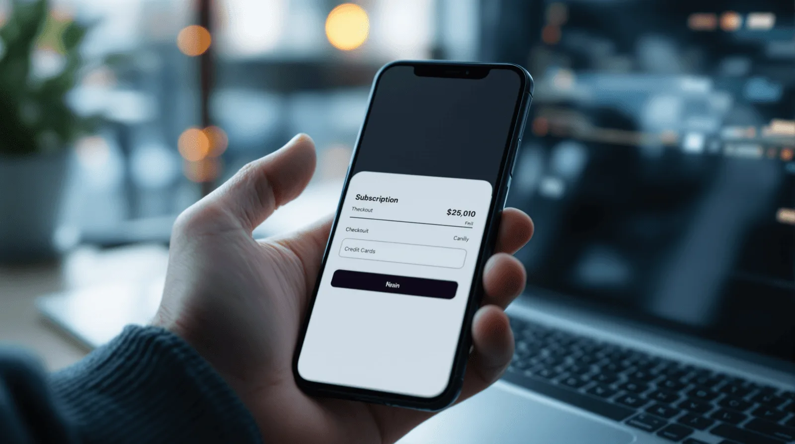 Person holding a smartphone displaying an in-app subscription checkout screen with secure payment options.