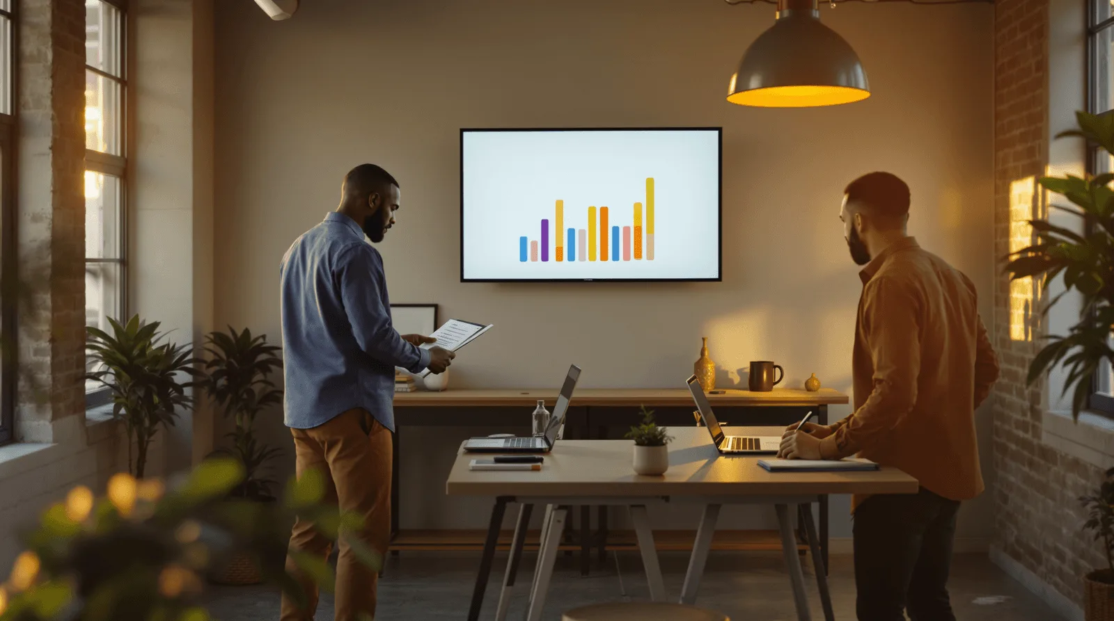 Three freelancers collaborating around billing reports in coworking space
