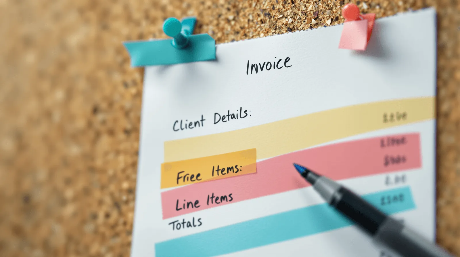 Colour-coded paper invoice layout pinned to corkboard with marker