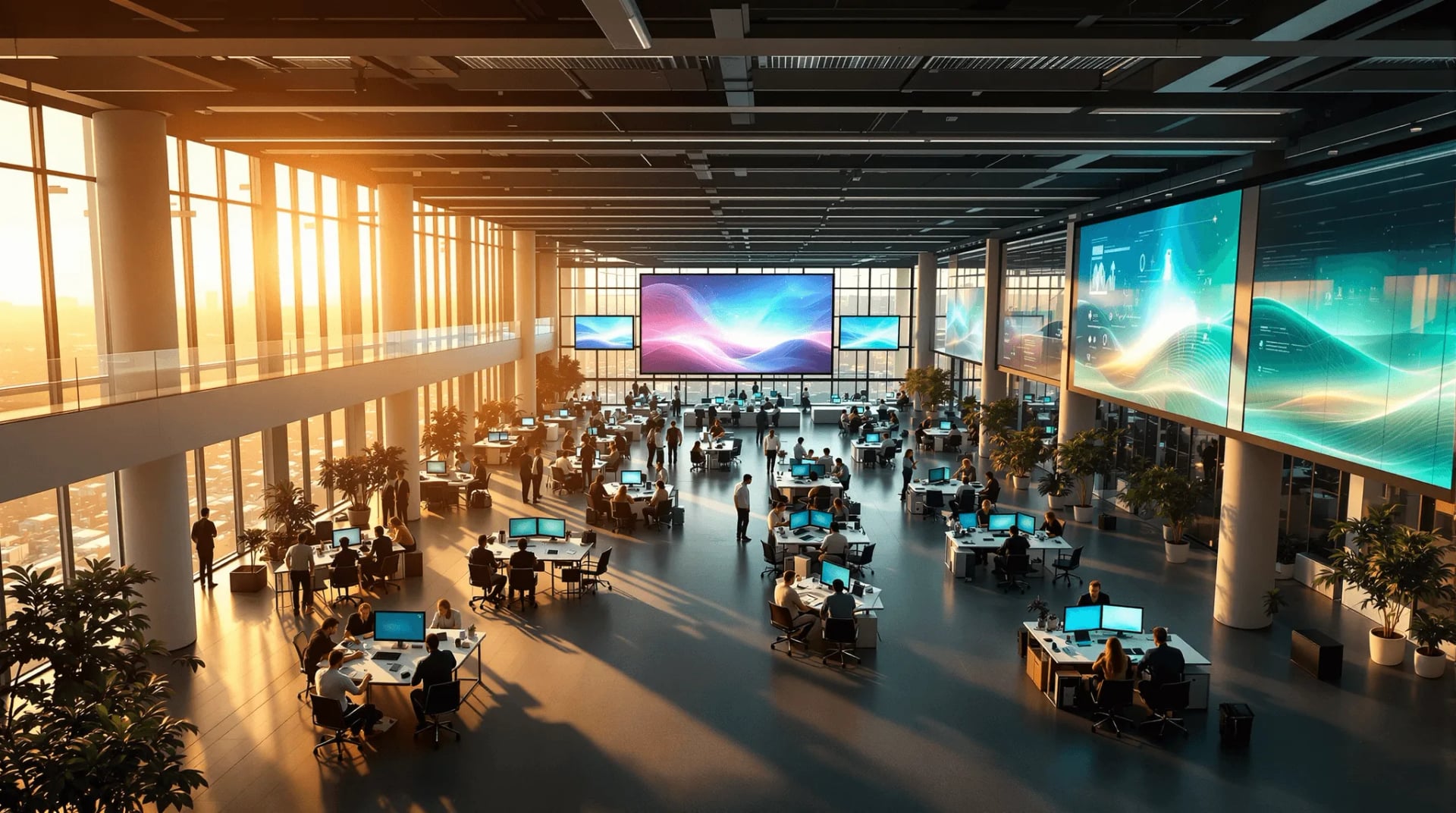 Enterprise engineering floor with engineers at standing desks at golden hour