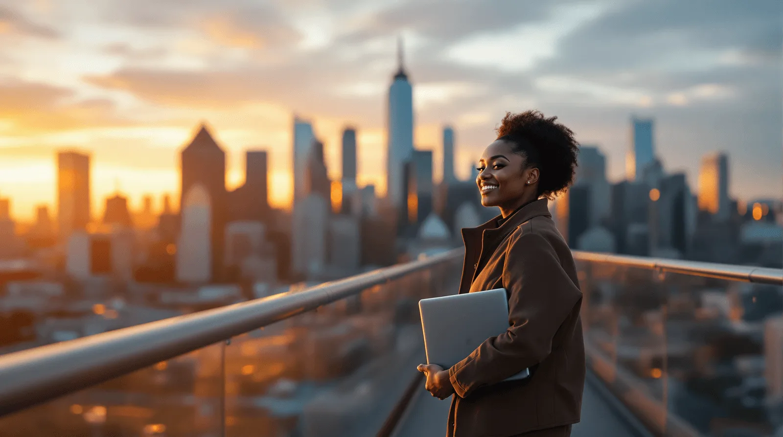 Professional using a tablet while overlooking a modern city skyline at sunset.