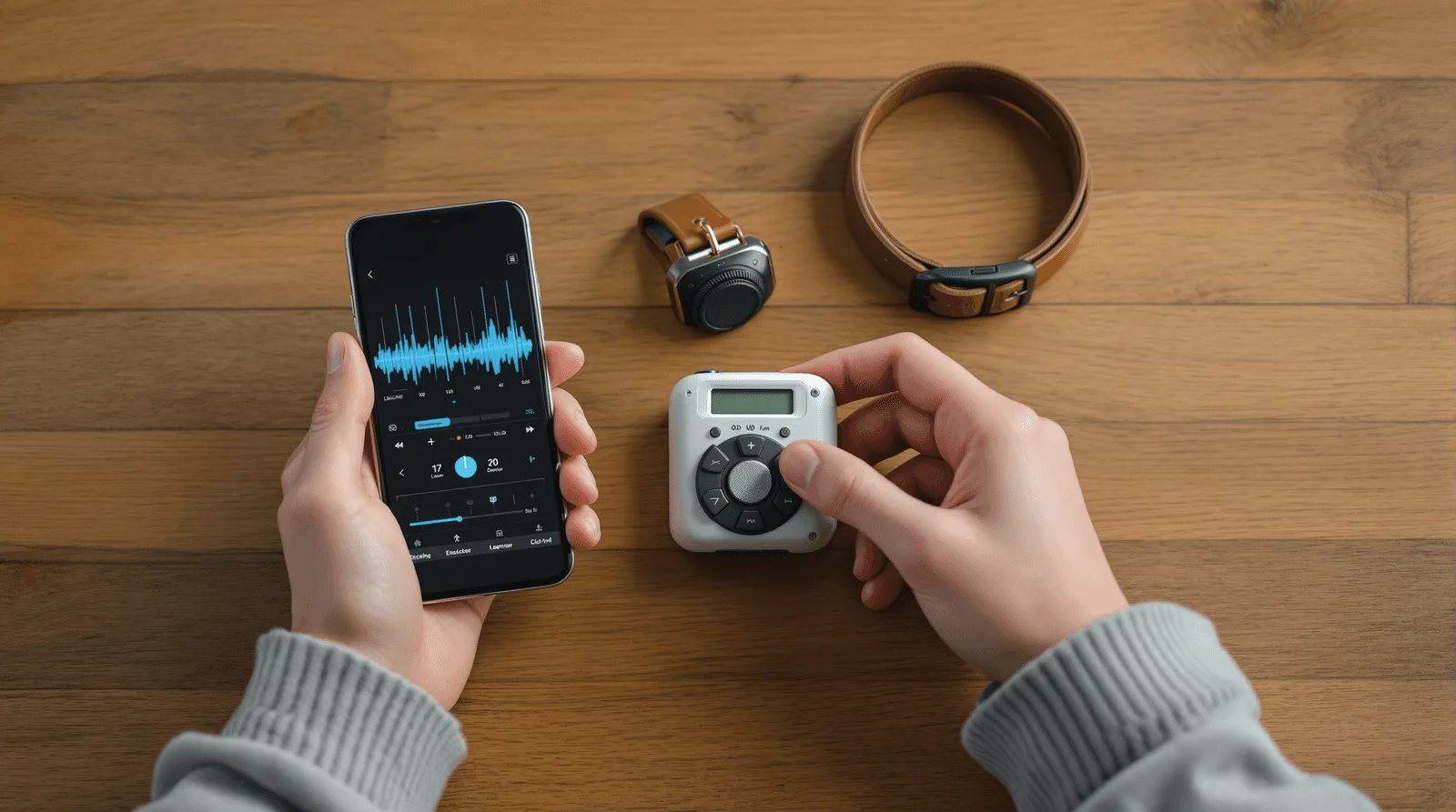 Hands holding smartphone and clicker trainer beside dog collar