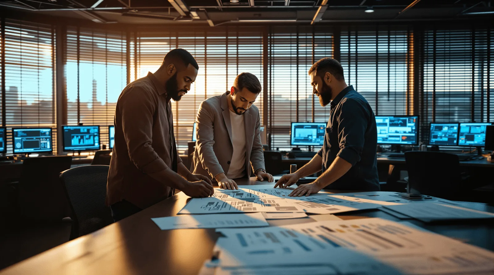 Enterprise operations team reviewing system architecture diagrams at standing desk