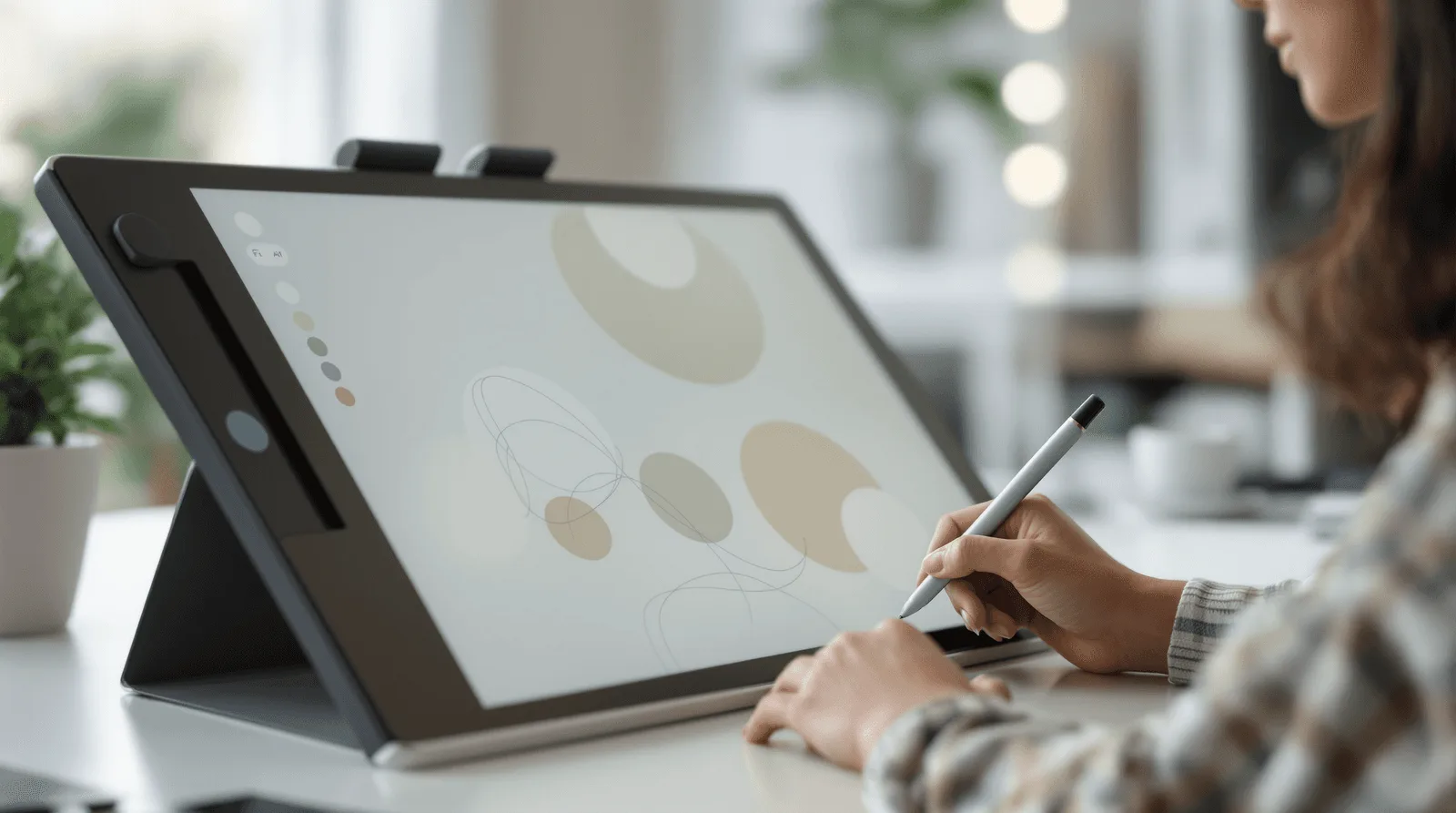 Designer using a professional pen display tablet to create digital illustrations and UI/UX concepts in a modern creative workspace.