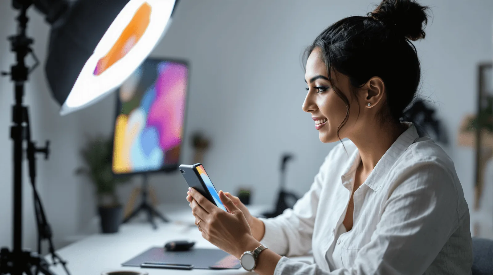 Woman reviewing AI-transformed portrait preview in home studio