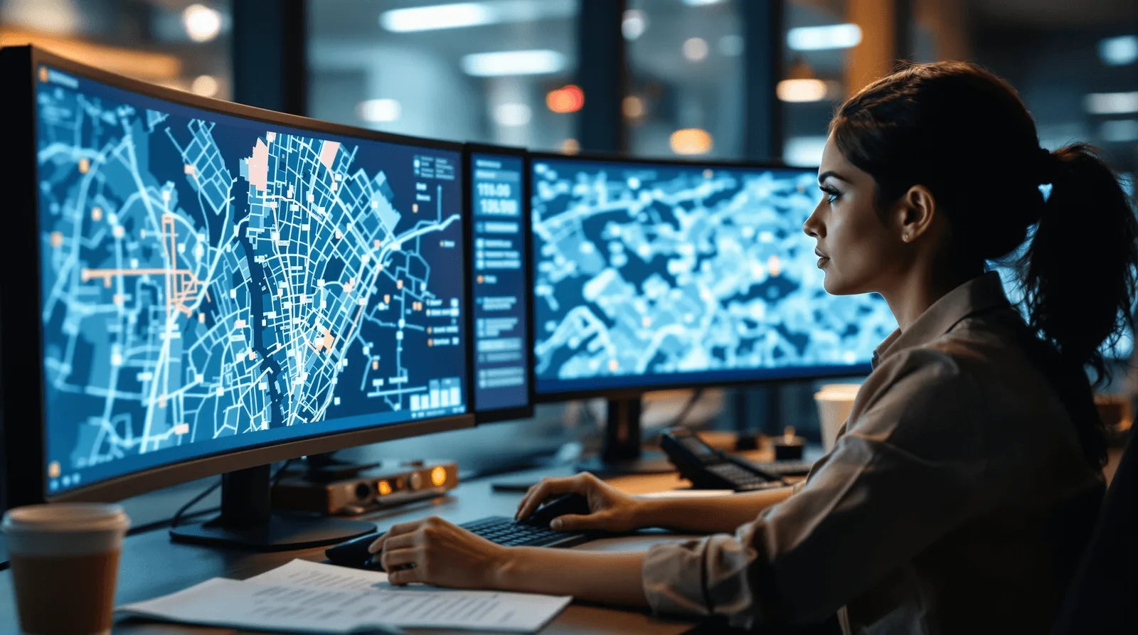 Dispatcher reviewing live fleet map at urban mobility control desk
