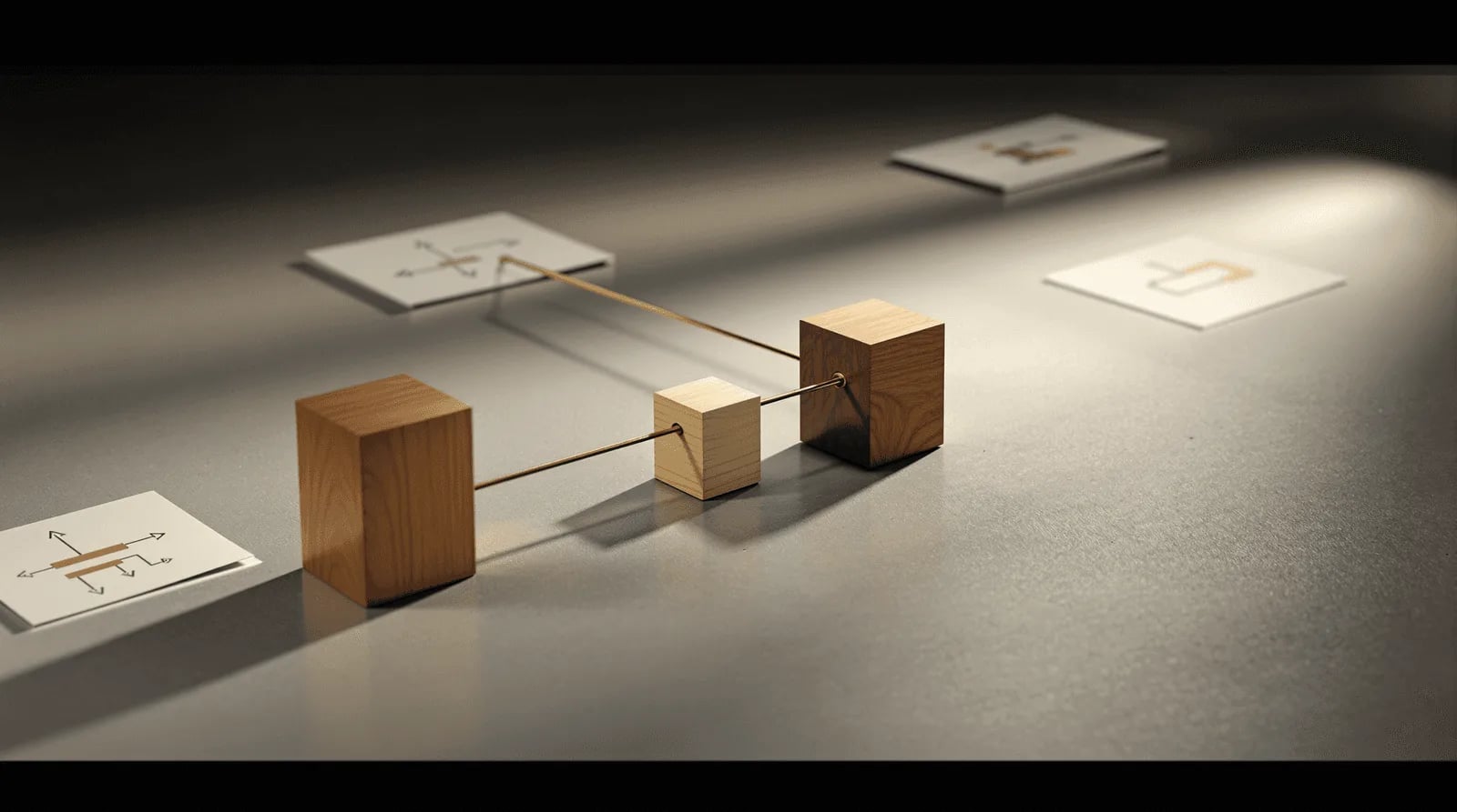 Architectural model blocks connected by wire representing modular system components