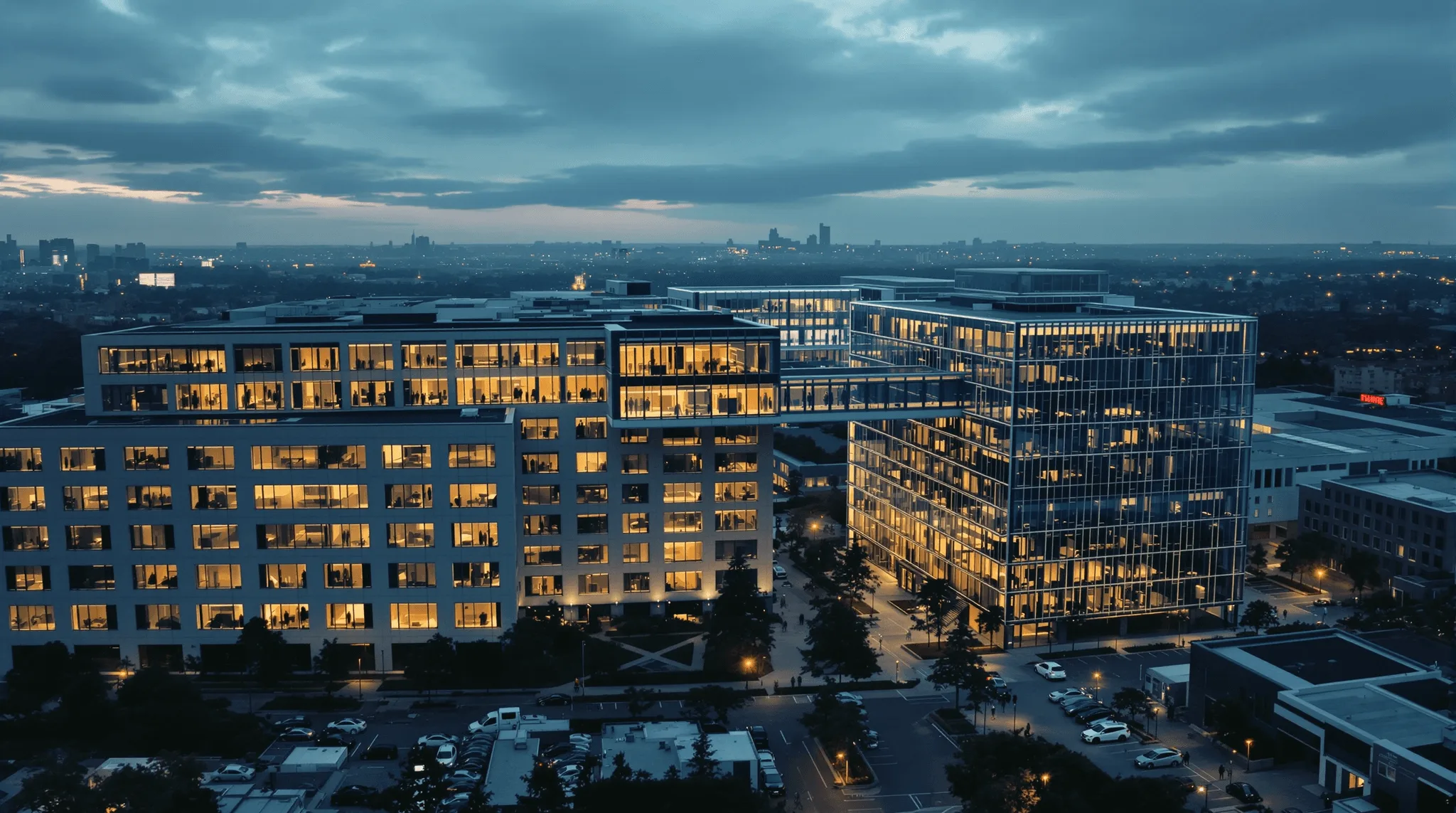 Corporate campus at dusk contrasting older and modern building wings