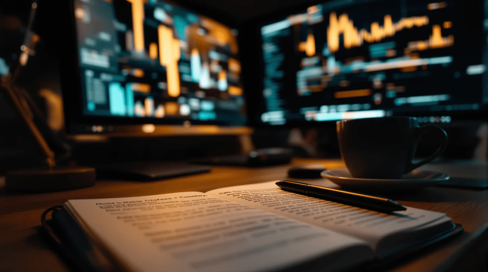 Open notebook and pen in front of two monitors of dashboards in a dim office