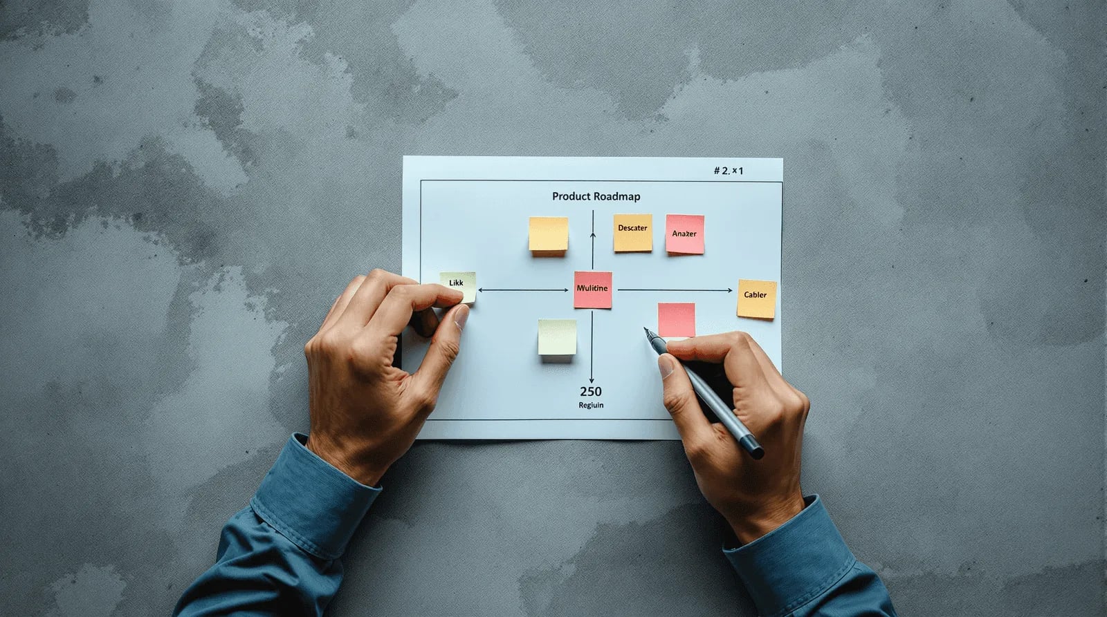 Hands reviewing a product roadmap with sticky notes on concrete desk