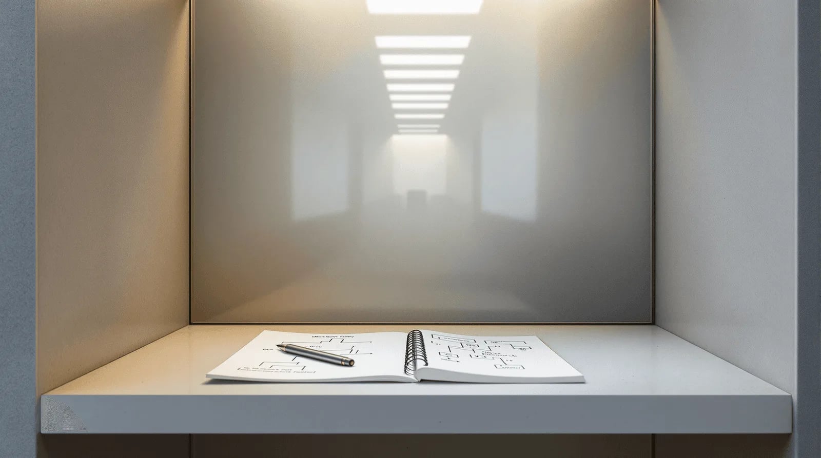 Flowchart and notebook on concrete shelf inside innovation centre alcove