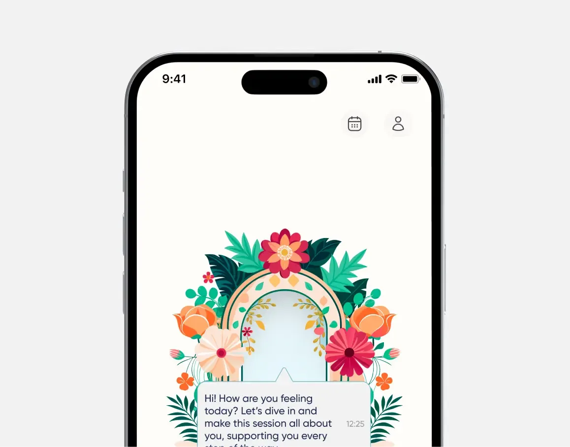 Mindio main app screen on iPhone showing the AI emotional support app with primary interface and user flow