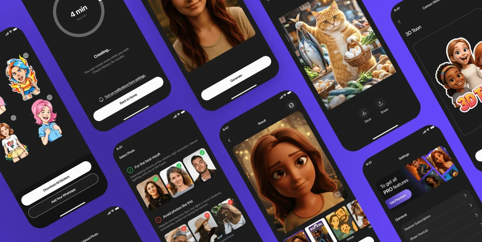 Toon Up multiple mobile screens overview showcasing the complete AI photo art app experience built by Neon Apps development team