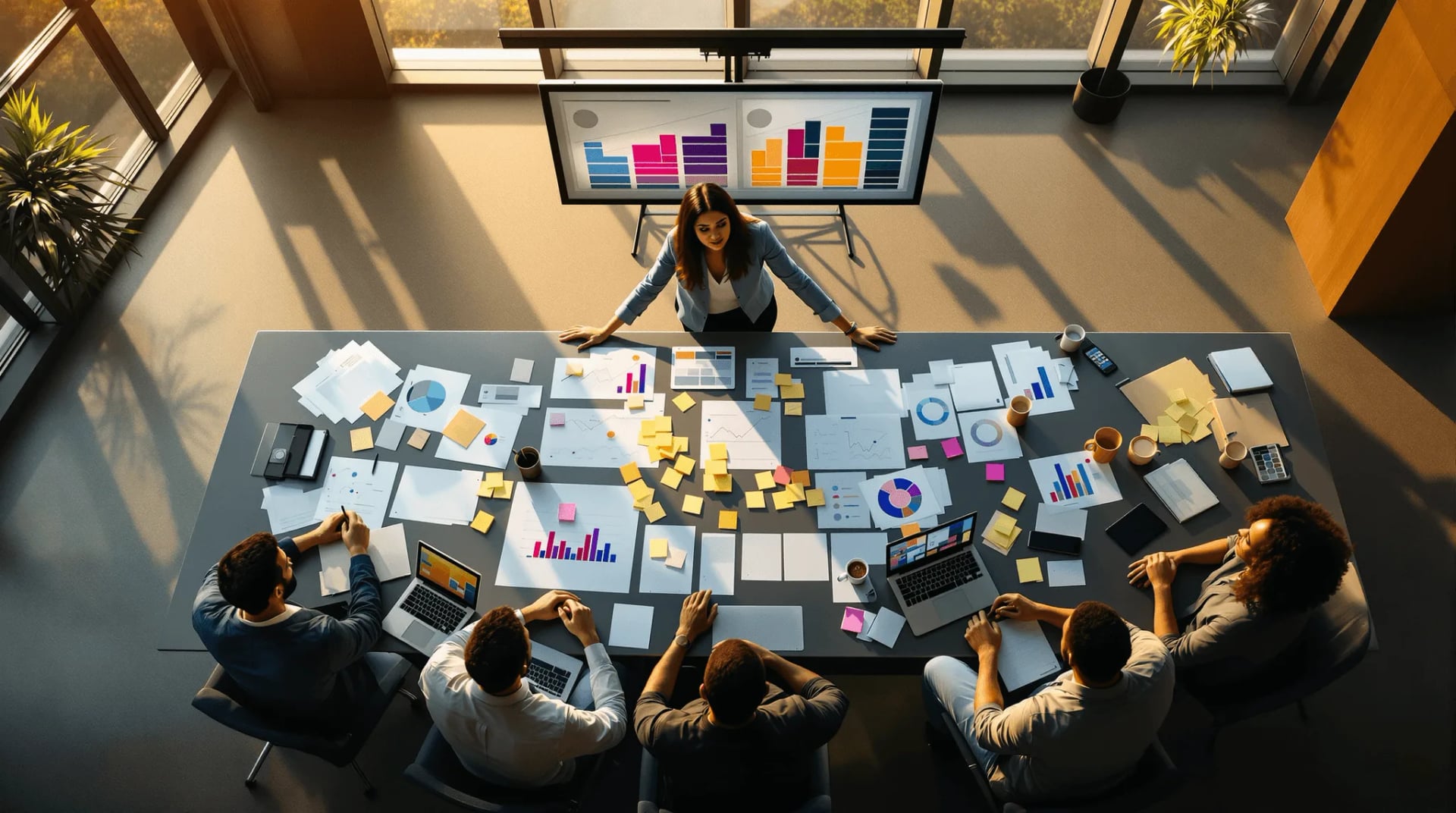 Product team debating roadmap decisions around a cluttered conference table