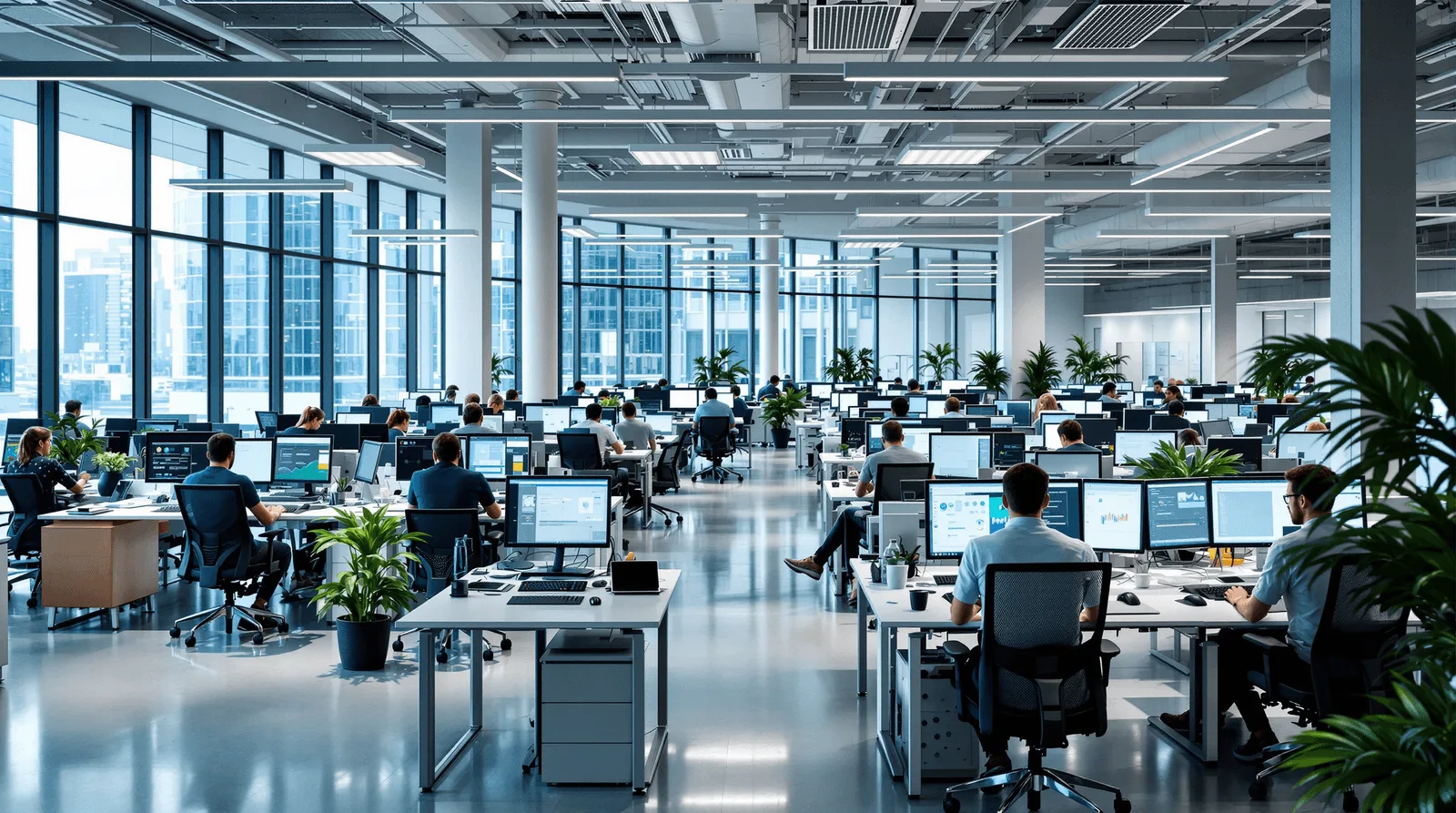 Long data center corridor with dense server racks under operational lighting
