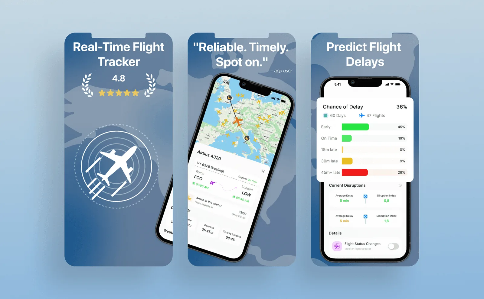 Three App Store screenshots for a real time flight tracker app