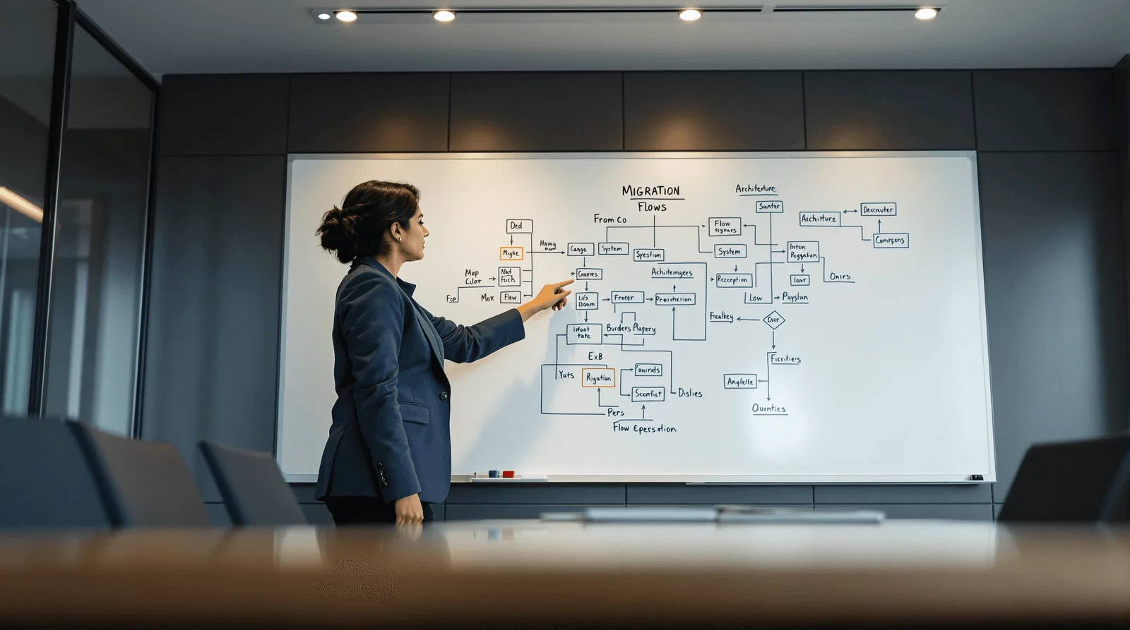 Senior executive mapping legacy migration architecture on a boardroom whiteboard