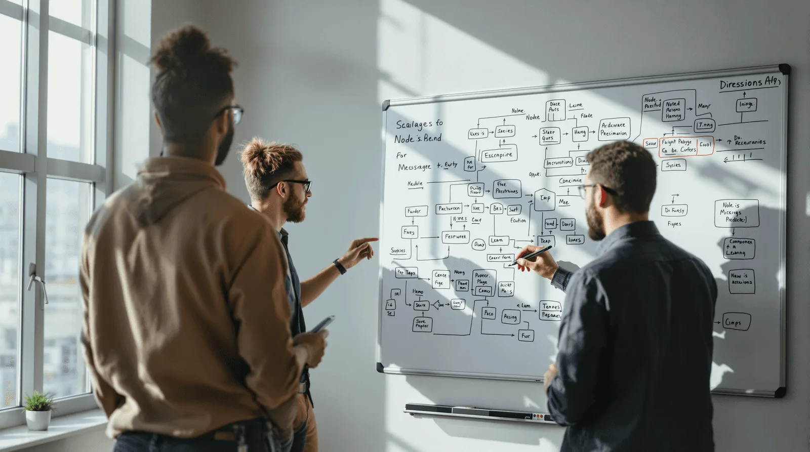 Software architects at a whiteboard planning a scalable Node.js API.