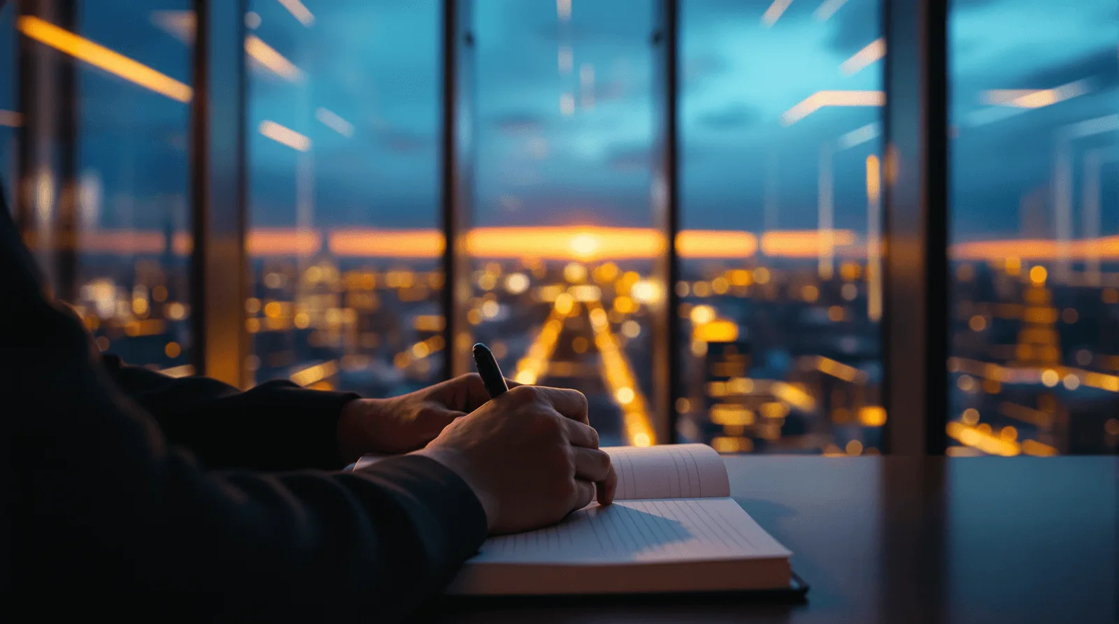 Hands closing a notebook at a high-rise office window at dusk