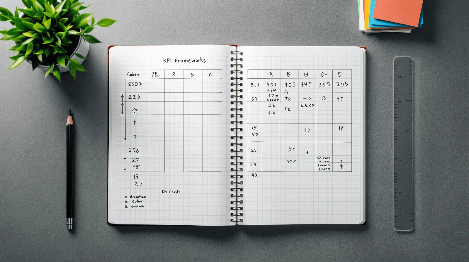 Hand-drawn KPI framework grid in notebook with measurement planning tools