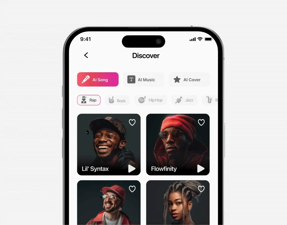 Rap Gen main app screen on iPhone showing the AI rap track and lyrics primary interface and user flow