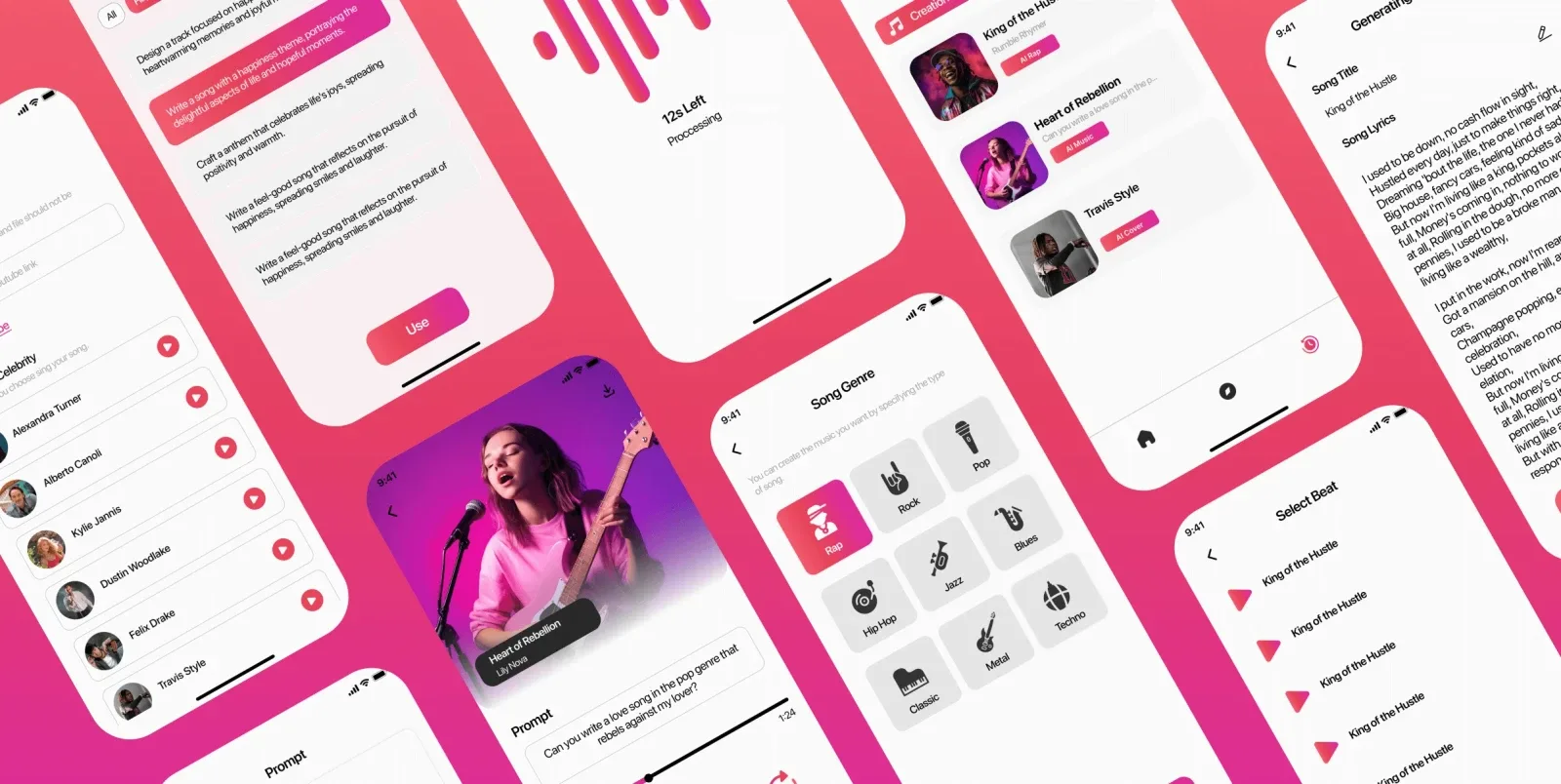 Rap Gen multiple mobile screens overview showcasing the complete AI music app experience built by Neon Apps development team