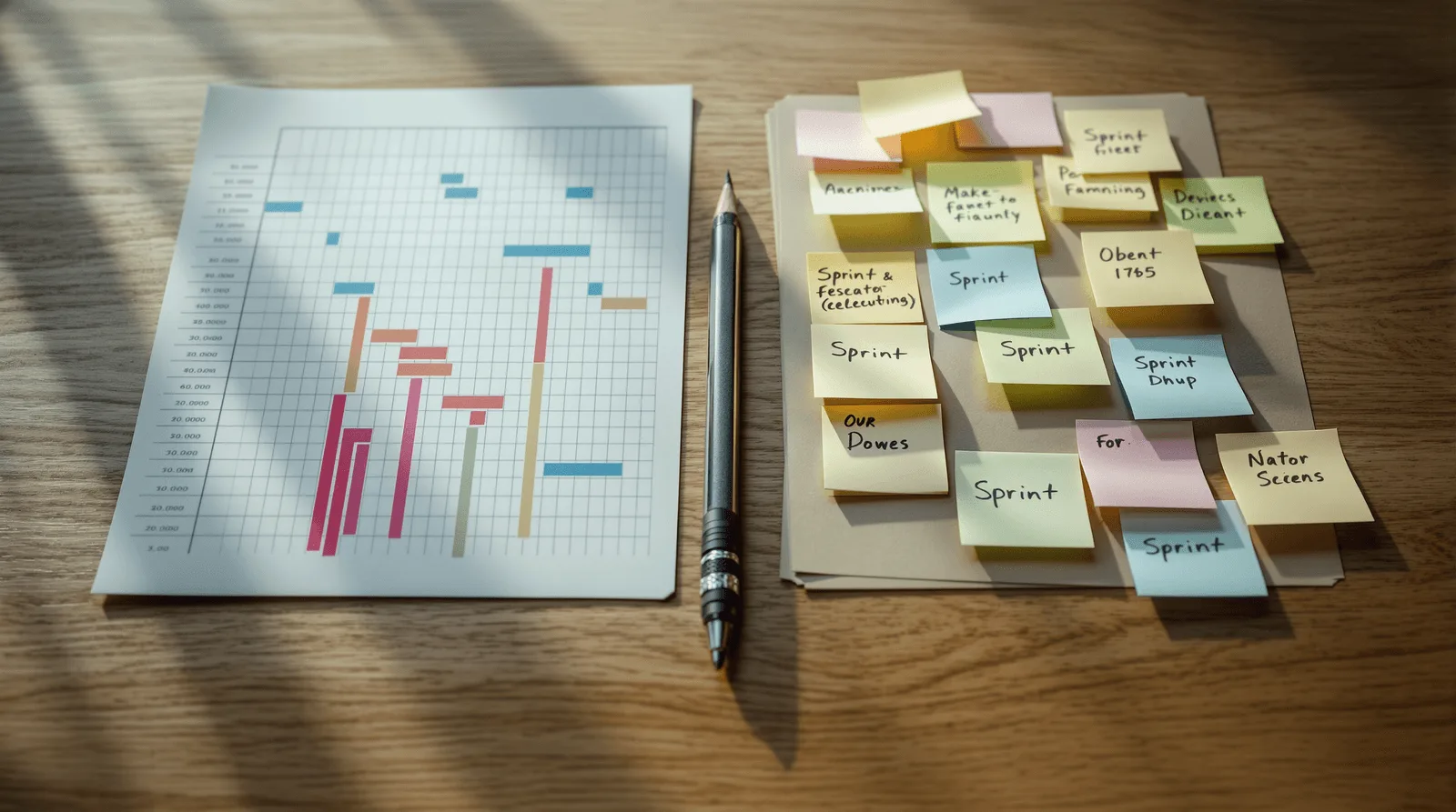 Printed Gantt chart beside handwritten sprint sticky notes on oak desk