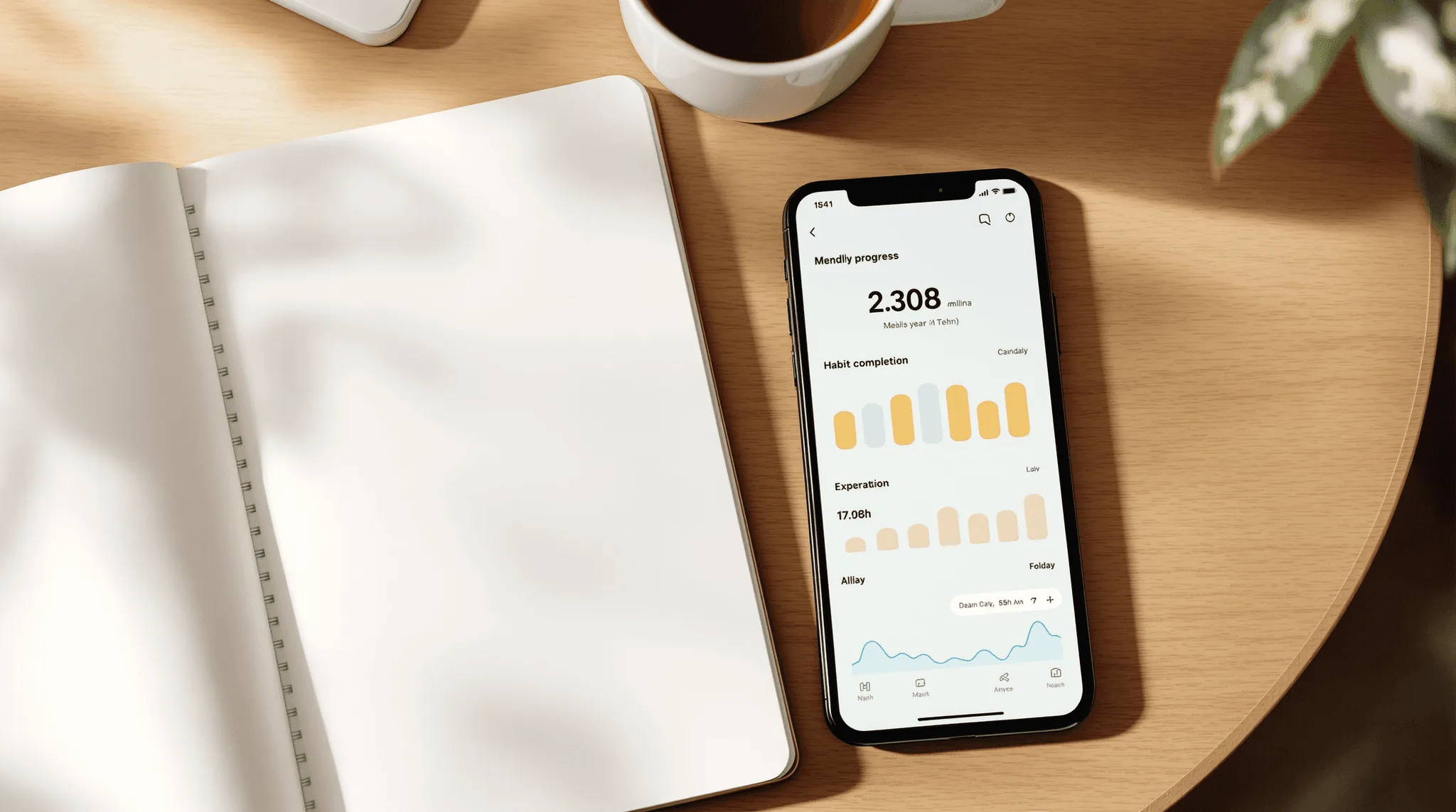 Habit tracking app showing monthly completion charts on a phone beside an open notebook