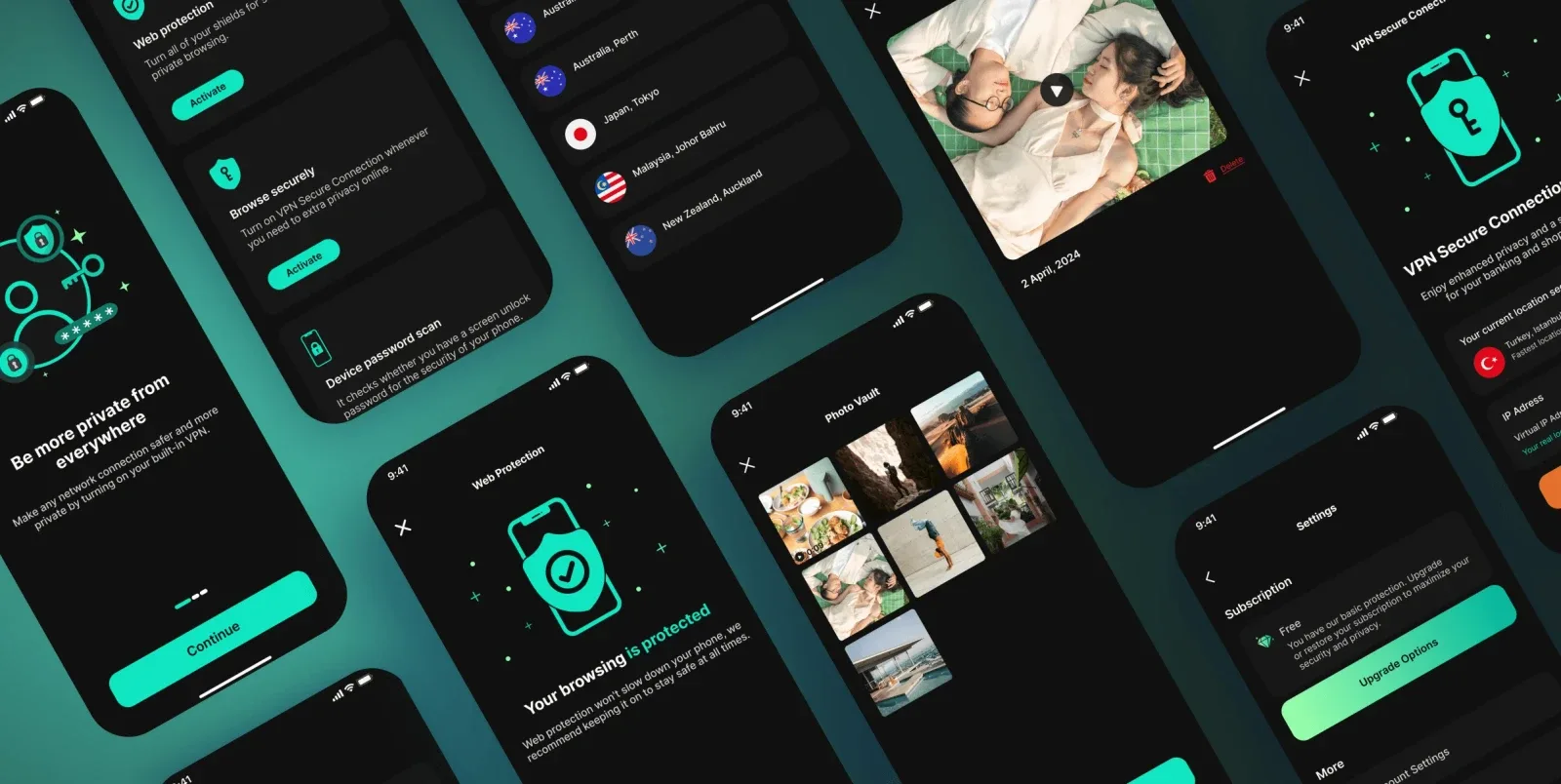 Cloak multiple mobile screens overview showcasing the complete privacy security app experience built by Neon Apps development team