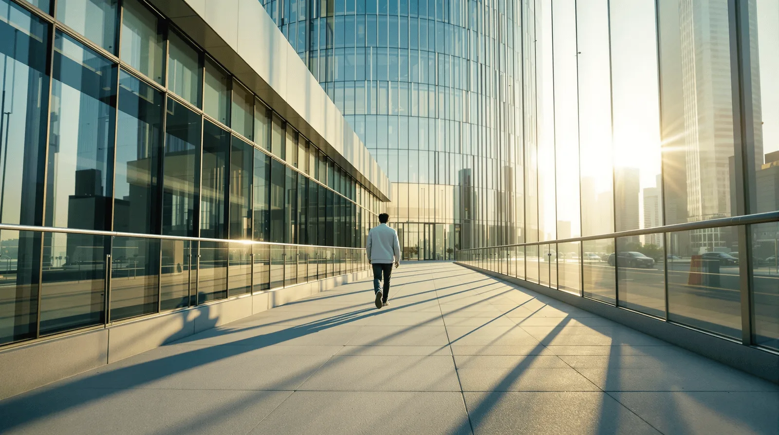 Founder walking along modern office building walkway toward open horizon