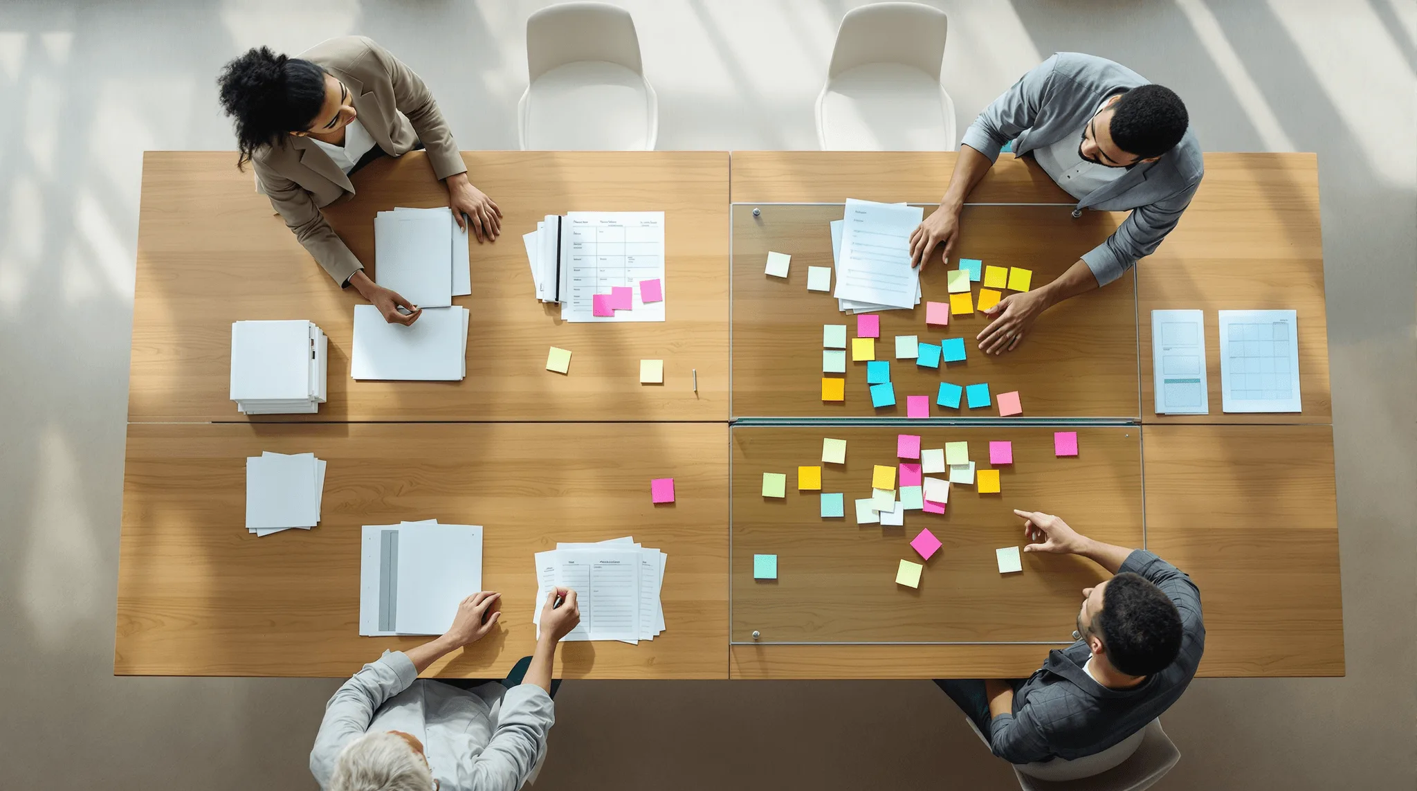 Team comparing structured plan documents with sprint sticky notes on conference table